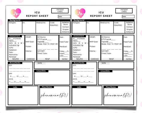 Icu Report Sheets Bundle 4 Different 2pt Icu Nurse Report Sheets Included Icu Report Sheet