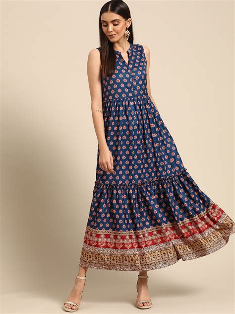 Buy Anouk Women Navy Blue And Maroon Ethnic Motifs Crepe Ethnic Maxi