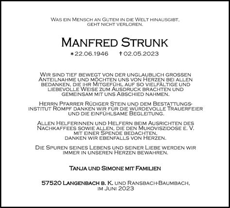 Traueranzeigen Von Manfred Strunk Rz Trauer De