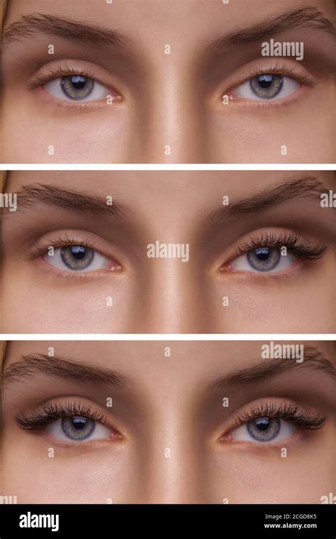 Eyelash Extension Comparison Of Female Eyes Before And After Stock