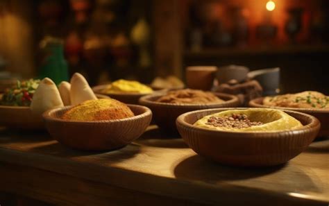 Premium Photo A Table Of Bowls Of Hummus And Other Dishes Traditional