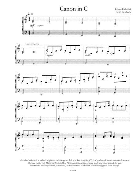 Canon In C Piano Arr Nicholas Steinbach By Johann Pachelbel Sheet Music For Easy Piano At