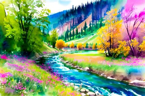 Premium AI Image | A painting of a river in a mountain landscape.