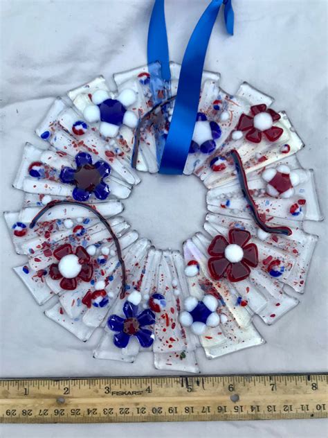 Fused Glass Wreath With Red White And Blue Flowers Suncatcher Etsy