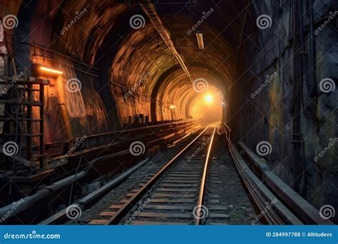 Dimly Lit Subway Tunnel With Curved Tracks Stock Illustration Illustration Of Commute