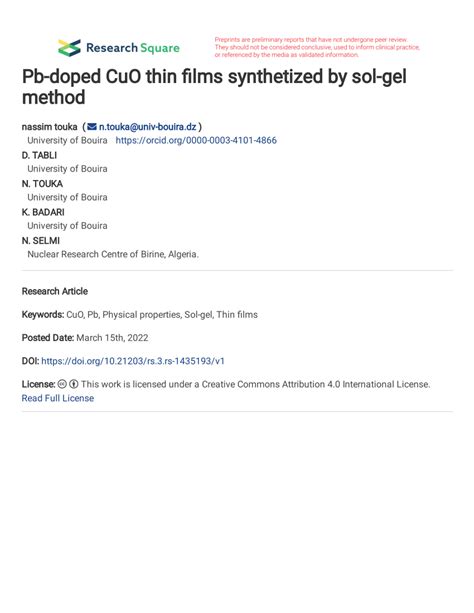 PDF Pb Doped CuO Thin Films Synthetized By Sol Gel Method