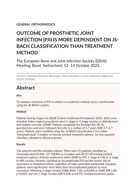 Pdf Outcome Of Prosthetic Joint Infection Pji Is More Dependent On Js Bach Classification