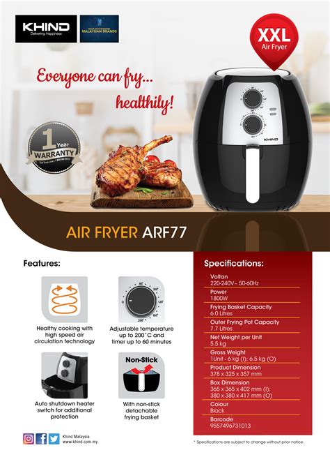 Khind ARF77 Air Fryer 7 7L XXL 1800w High Speed Air Circulation BHB