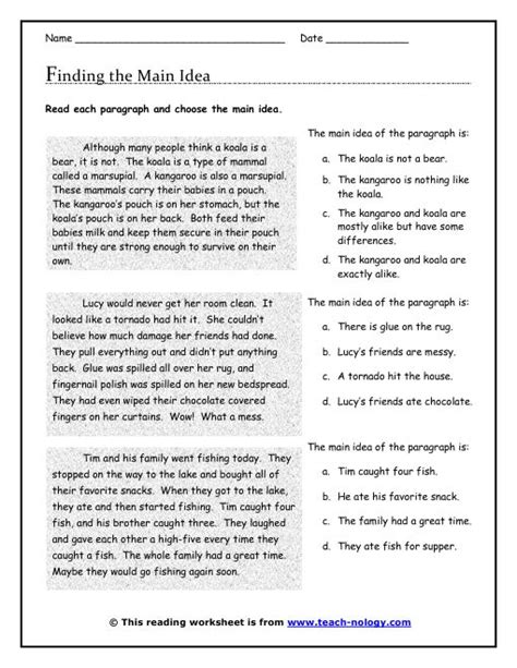 Reading For Main Idea Worksheets Pdf