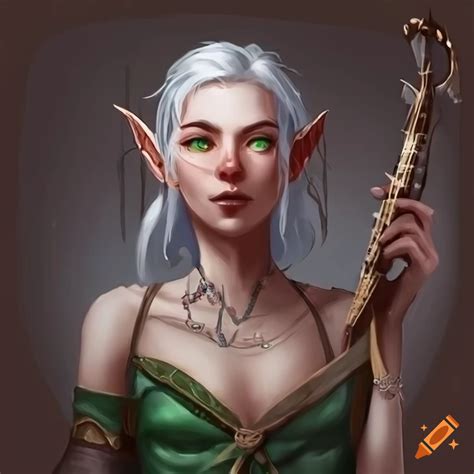 Image Of A Female Elf Bard With White Hair And Green Eyes On Craiyon