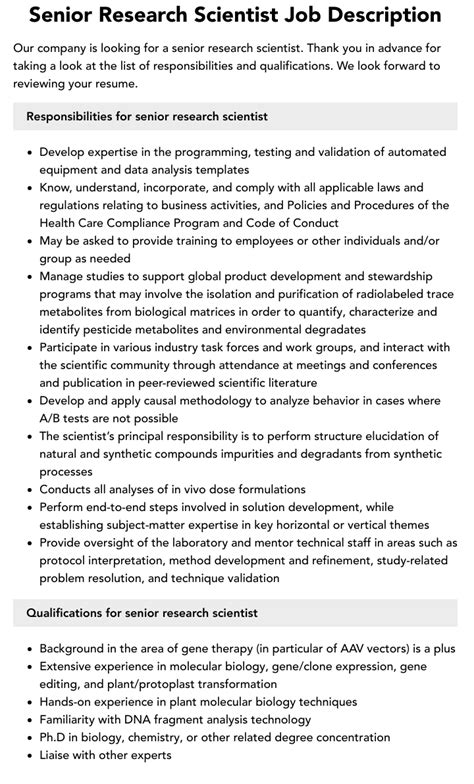 Senior Research Scientist Job Description Velvet Jobs