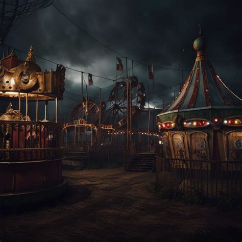 A Dark And Eerie Abandoned Carnival With Rusted Rides And Creepy