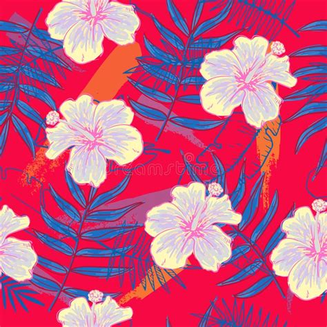 Summer Colorful Seamless Pattern With Tropical Plants And Hibiscus Flowers Stock Illustration