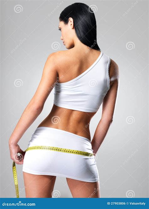 Sporty Woman With Slim Body Measuring Hips Stock Photo Image Of