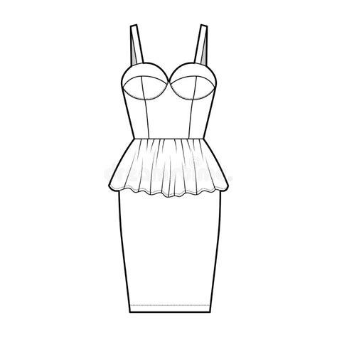 Peplum Bustier Dress Technical Fashion Illustration With Shoulder