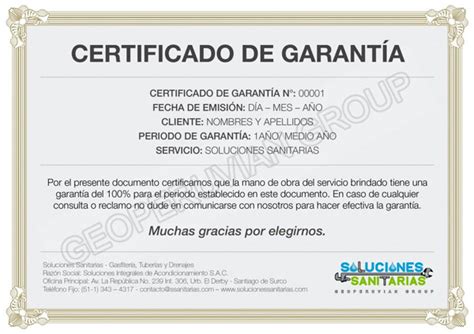 Certificado De Garant A Soluciones Sanitarias