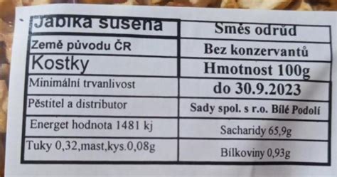 Jablka sušená kostky Sady Bílé Podolí kalorie kJ a nutriční hodnoty