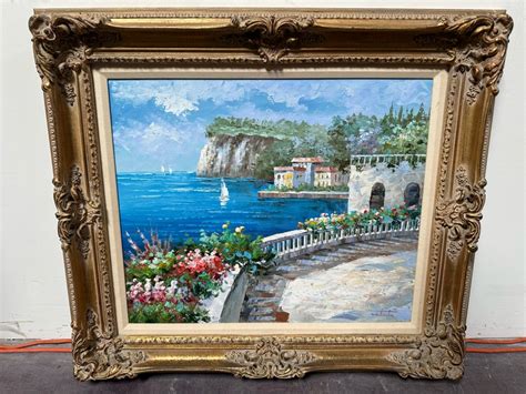 Original Seascape Italian Scenery Oil On Canvas Painting Signed