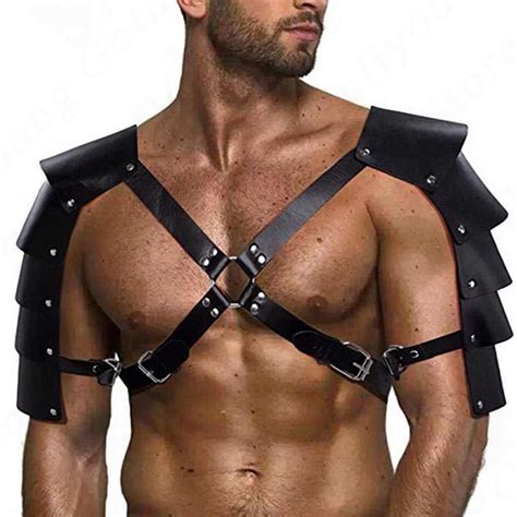 Gay Mens Pu Leather Harness Double Shoulder Armors Buckles Sexual Body