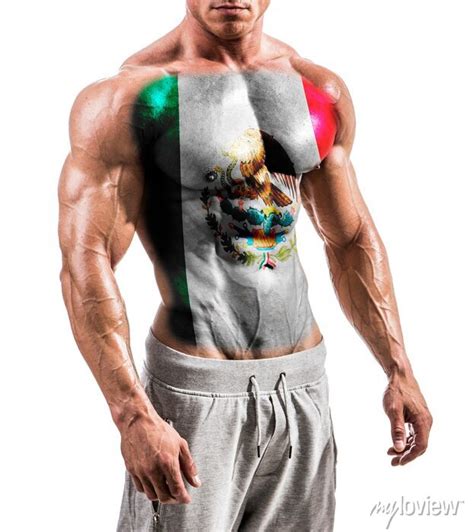 Torso Of Shirtless Muscular Man With Mexico Flag Painted On Naked Posters For The Wall Posters