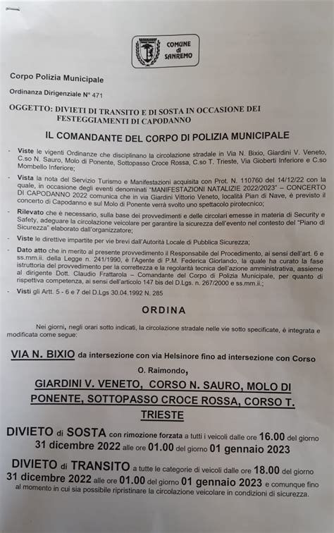 Divieti E Ordinanze Per La Notte Di Capodanno A Sanremo Il Consiglio