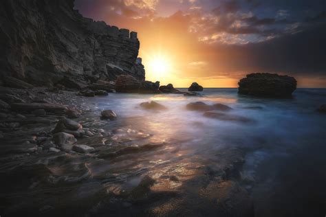 Wallpaper Sunlight Landscape Sunset Sea Bay Rock Nature Shore