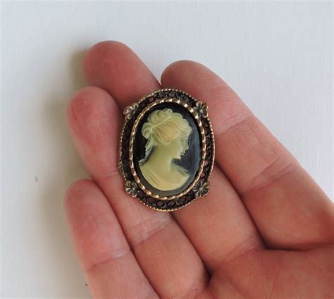 Vintage Black Cameo Brooch Ornate Framed Cameo Carved Resin