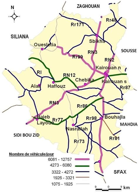 Carte routière du gouvernorat de Kairouan