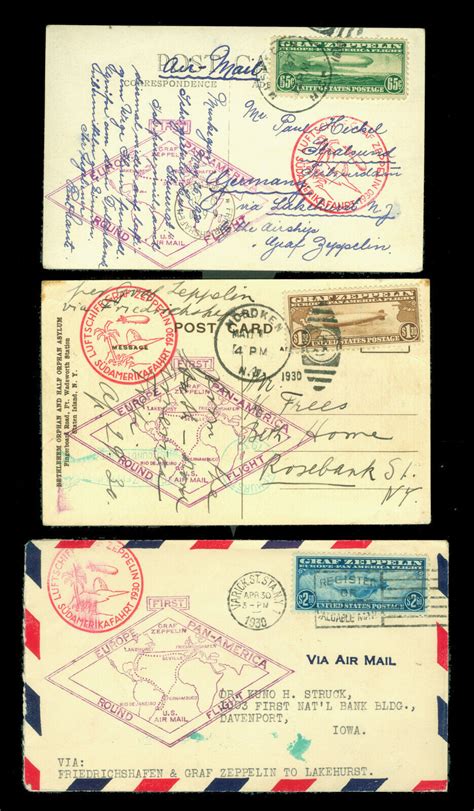 Us Airmail Graf Zeppelin Set Used On Cover Card Sc C C C