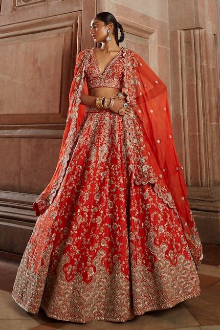 Buy Red Raw Silk Embroidered Zardozi Plunge Roma Lata Bridal Lehenga