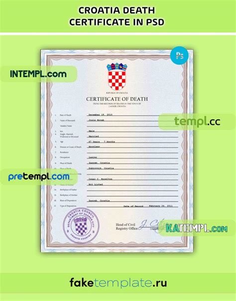 Croatia Death Certificate Psd Download Template