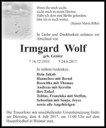 Traueranzeigen Von Irmgard Wolf Trauer In Thueringen De