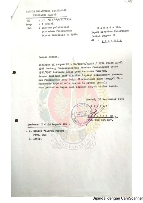 Surat Dari Kepala Kantor Departemen Penerangan Kabupaten Bantul Kepada