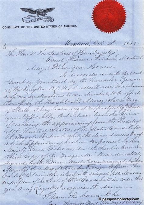 A Letter 1854 From The First Us Consul In Montreal By Tom Topol