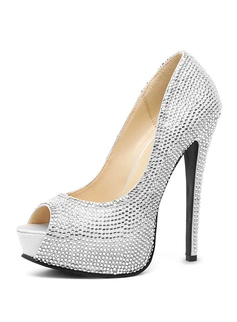 Peep Toe Rhinestone Heels Silver