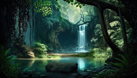 Waterfall In Forest With Green Background