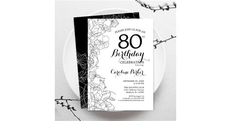 Black White Floral 80th Birthday Party Invitation Zazzle