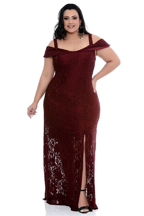 Vestido Longo Plus Size Renda Bordô Vk Moda Plus Size