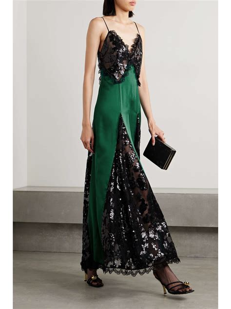 Rodarte Sequin Embellished Cotton Blend Lace Trimmed Satin Maxi Dress