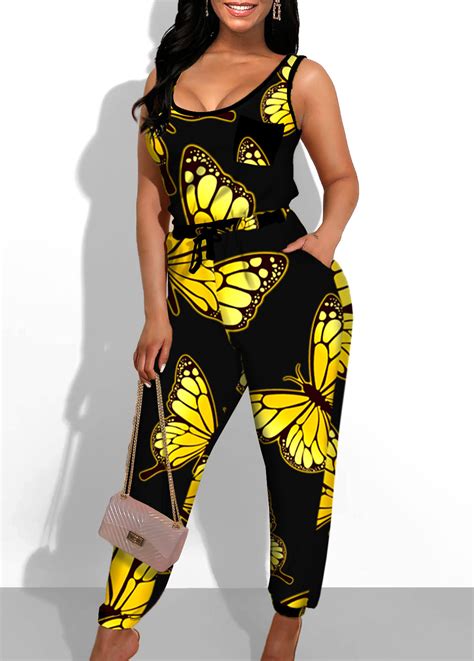 Side Pocket Butterfly Print Black Jumpsuit Rosewe USD 20 99