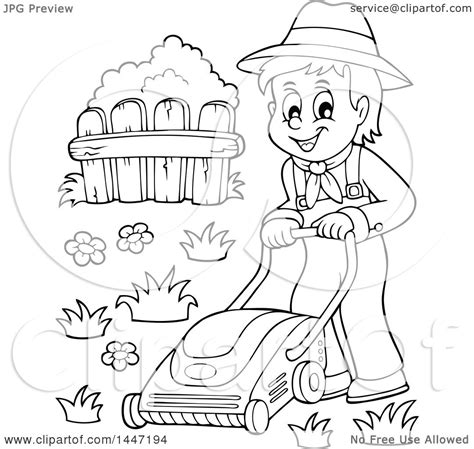 Clipart Of A Black And White Lineart Male Gardener Or Landscaper Mowing