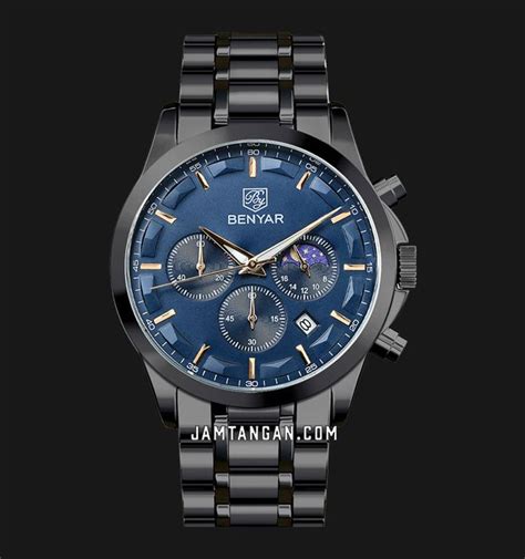 Benyar By 5160ss Blkblu Chronograph Blue Dial Black Stainless Steel Strap