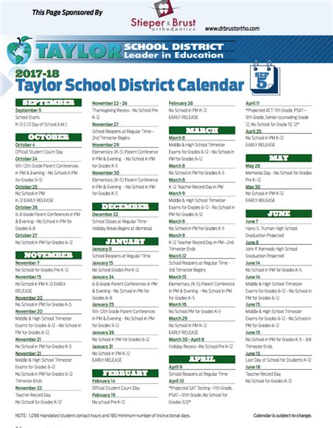 Talking Taylor Schools: 2017-18 SCHOOL YEAR CALENDAR