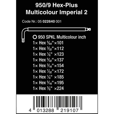 Wera 950 9 Hex Plus Multicolour Imperial 2 Stiftsleutelset Inch