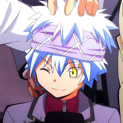 An Anime Character With Blue Hair And Yellow Eyes Is Holding Something