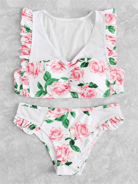 Flower Print Ruffle Bikini Setfor Women Romwe In Ruffled Bikini