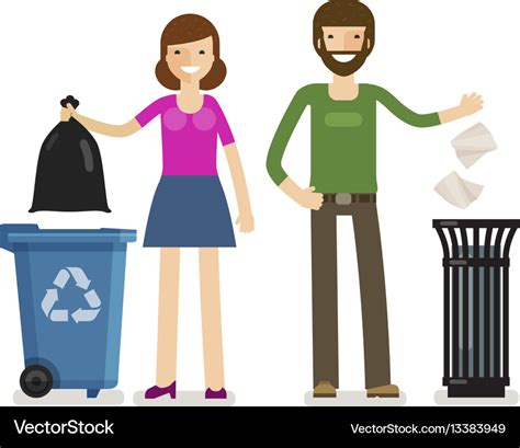 Man Woman Throws Garbage In Trash Can Ecology Vector Image