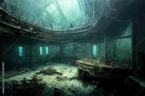 Remains Of Sunken Ship Wreck At The Bottom Of The Ocean Interior Of A