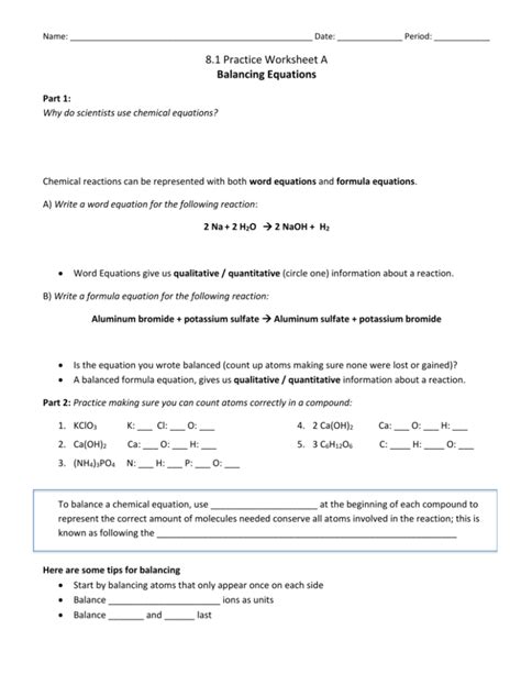 Worksheet 1 Writing And Balancing Formula Equations Answers Tessshebaylo