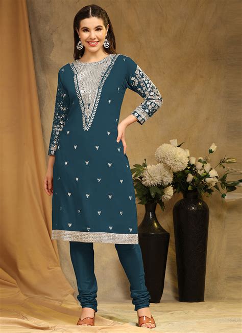 Buy Teal Faux Georgette Sequins Embroidered Churidar Suit Party Wear